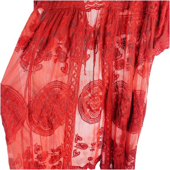 Vivid Collection Open Cardigan SZ M Red Crochet Lace Short Sleeve Top Boho Fall - Picture 15 of 15